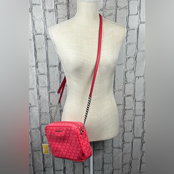 Michael Kors Jet Set Geranium Crossbody  Leather PVC Signature MK  Bag - Picture 11 of 11